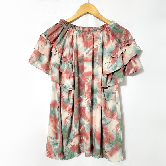 Rose & Olive Womens Flutter Short Sleeve Top Size 1X Tassel Neck Tie Dye Pastel - Picture 2 of 9